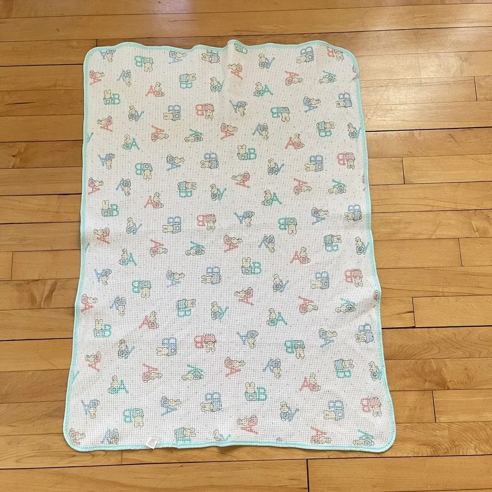 Vintage Carters Waffle Knit Thermal Baby Blanket Cotton ABC's Bunny Teal‎ Blue